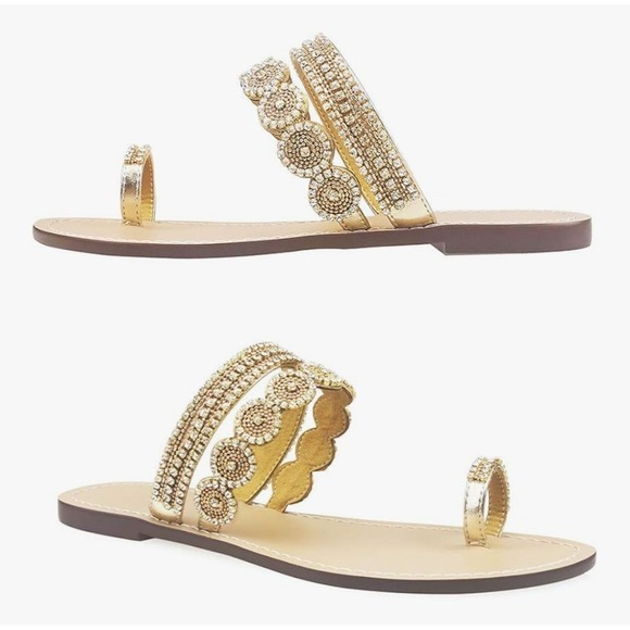 NWB Womens Sz 11 Gold Rhinestone Flat Sandals Flip Flops Toe Loop Beach Wedding - Picture 1 of 12